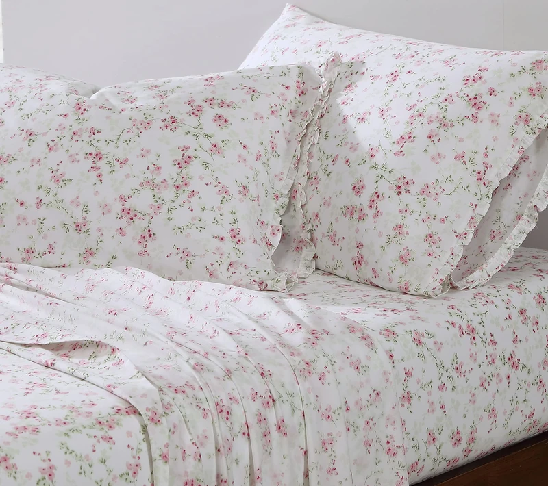 Shabby Chic® - King Sheets, Soft & Breathable Organic Cotton Bedding Set, Floral Home Decor with Ruffled Pillowcases (Ella Pink, King) - Image 1