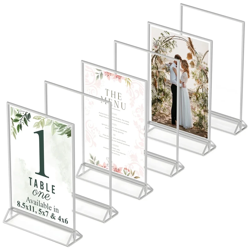 Silver Picture Frames Double-Sided, 6-Pack 8.5x11 Acrylic Table Number Holders, Clear Easel Stands for Signs, Silver Frames for Wedding Table Numbers, Menu Holders, Photo Displays for Events and Décor