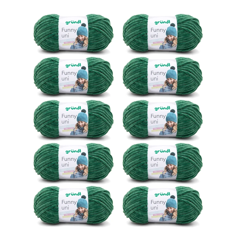 Gründl Funny Plain Wool - Soft Chenille Wool for Crocheting - Cuddly and Skin-Friendly - 100% Polyester - 10 Balls 100 g / 120 m - Needle Size 5-6, Dark Green