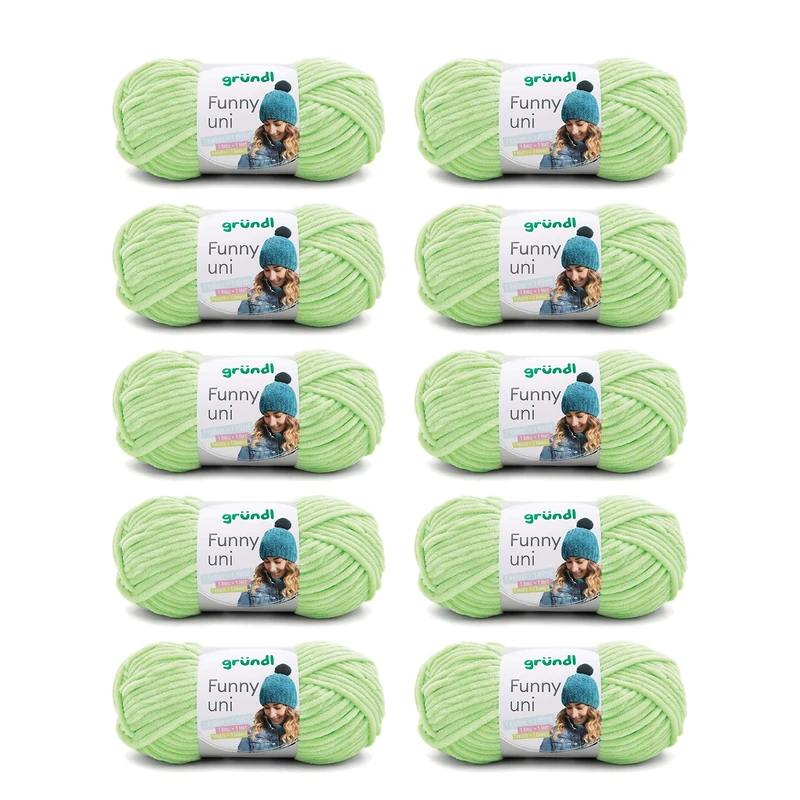 Gründl Funny Plain Wool - Soft Chenille Wool for Crocheting - Cuddly and Skin-Friendly - 100% Polyester - 10 Balls 100 g / 120 m - Needle Size 5-6, Light Green