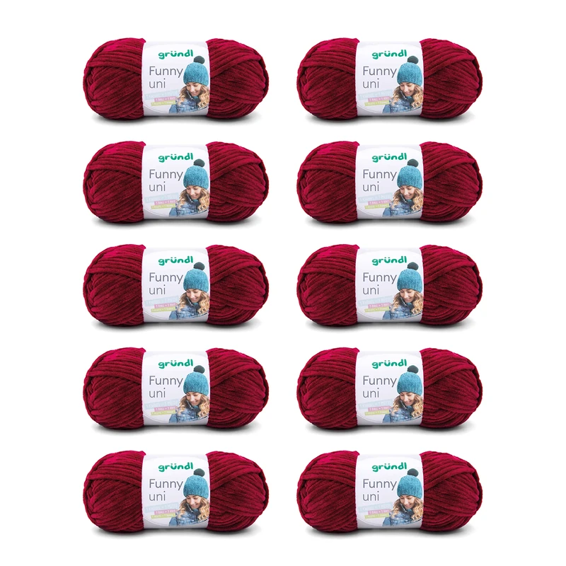 Gründl Funny Plain Wool - Soft Chenille Wool for Crocheting - Cuddly and Skin-Friendly - 100% Polyester - 10 Balls 100 g / 120 m - Needle Size 5-6, Bordeaux