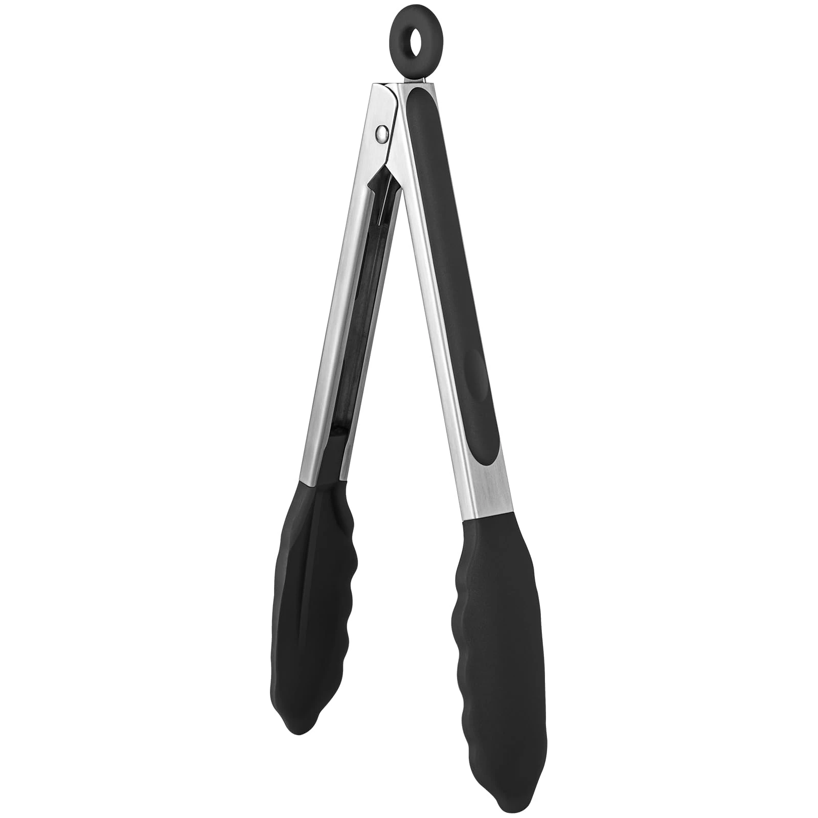 U-Taste 22cm Silicone Tongs: 315℃ Heat Resistant Kitchen Tong with Firm Sealed Non Stick Rubber Tips, Silicon Coated 18/8 Stainless Steel Handle and Smooth Locking for Cooking Serving BBQ (Black)