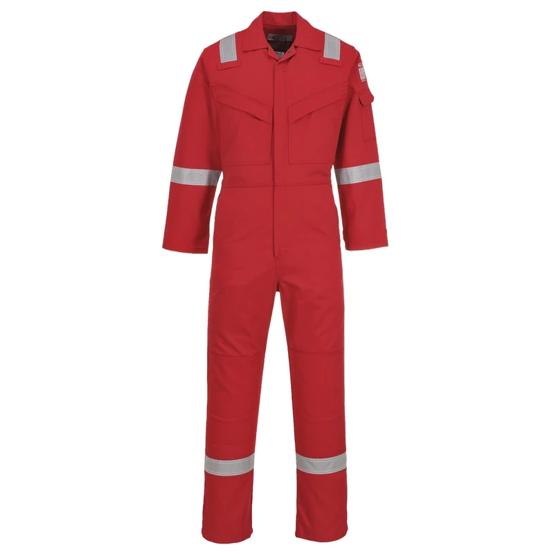 Portwest FR50 Men's Bizflame Work FR Coverall Flame Resistant Hi Vis Anti-Static Arc Proof Safety Overalls Reflective Knee Pad Pockets CE Certified Offshore Workwear, Red Tall, L