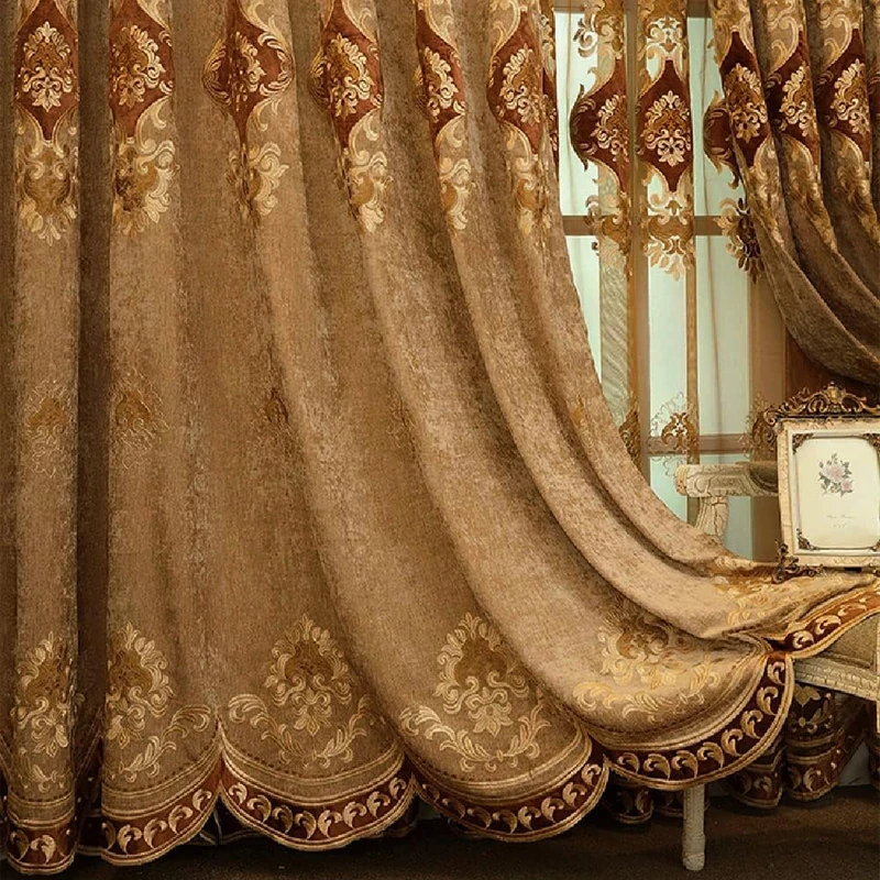 1 Pair European Luxury Embroidered Curtains for Living Room Bedroom Chenille Curtains (Coffee,51x84 Inch)