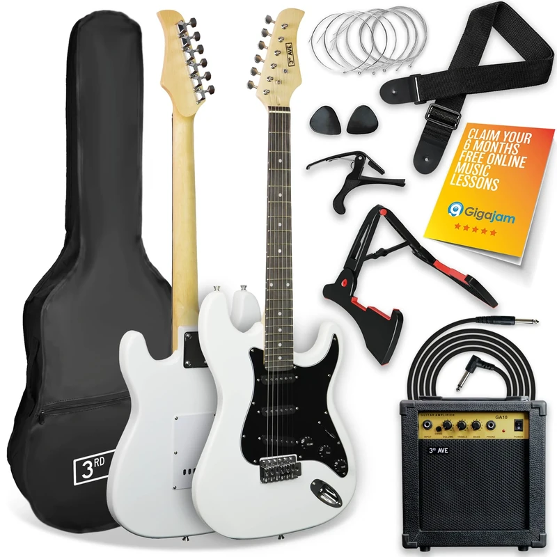 3rd Avenue XF Full Size 4/4 Electric Guitar Ultimate Kit with 10W Amp, Cable, Stand, Gig Bag, Strap, Spare Strings, Picks, Capo – White - Image 1