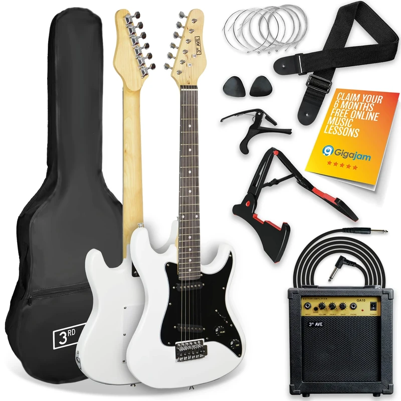 3rd Avenue XF 3/4 Size Electric Guitar Ultimate Kit with 10W Amp, Cable, Stand, Gig Bag, Strap, Spare Strings, Picks, Capo – White
