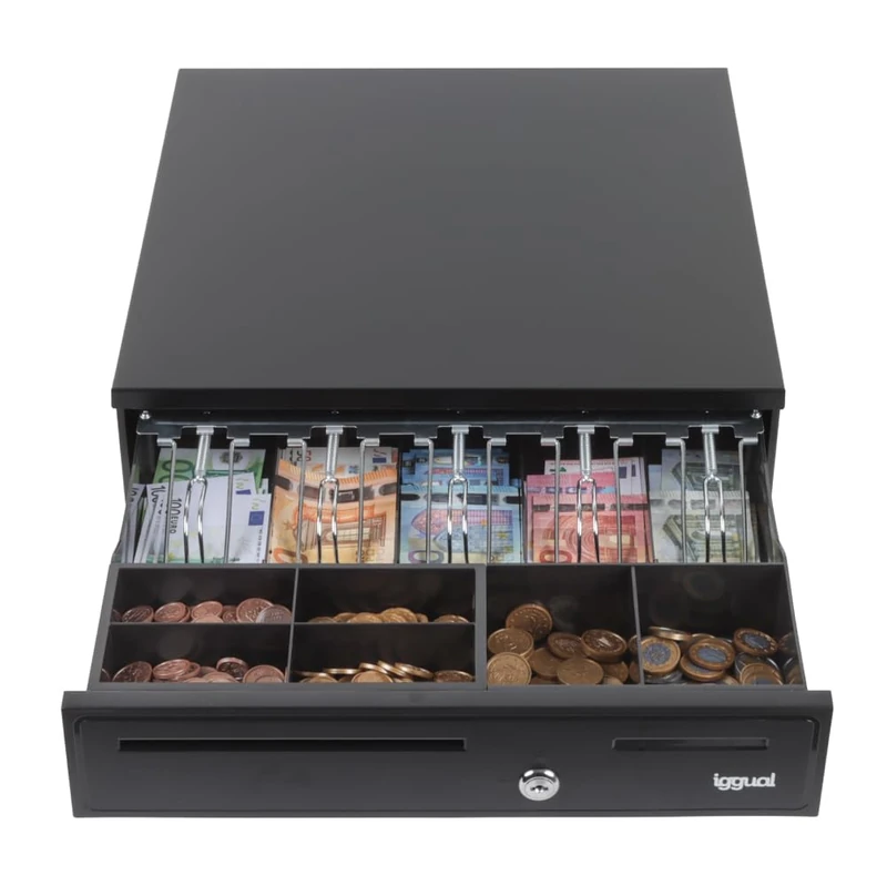 iggual - Drawer - IRON - 35 | Cash Register with Manual or Automatic Opening - 5 + 6 Compartments for Bills and Coins with 3 Positions Lock - Black - Image 1