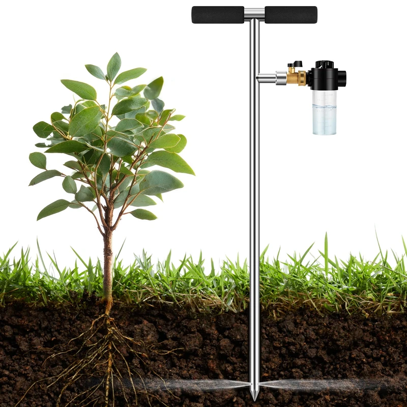 Deep Root Watering Tool for Trees Watering Spike with Fertilizer Bottle | Stainless Steel Root Feeder for Trees Irrigation System for Outdoor Garden, Plant & Shrubs Growth with Brass Valve | T-Handle - Image 1