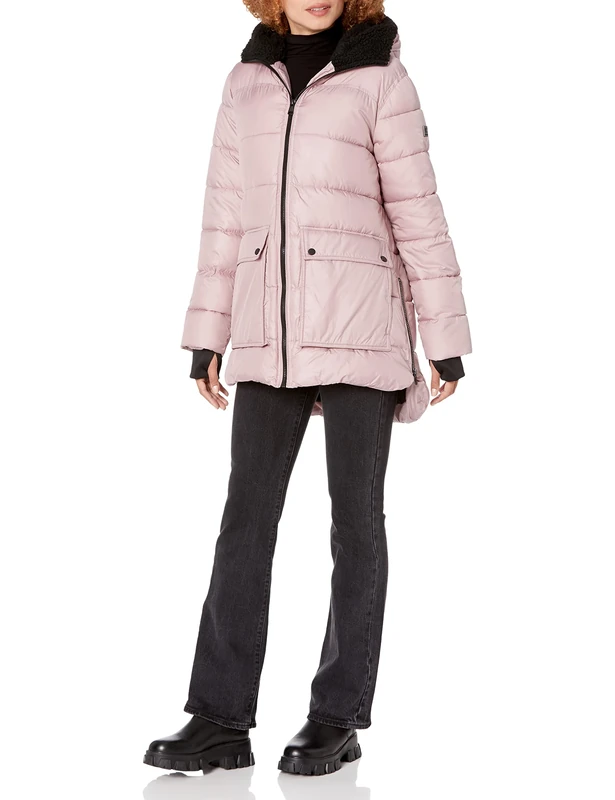 Kenneth Cole Women's Heavy Weight Mix Media Full Sherpa Lined Puffer Jacket, Heavyweight Dusty Blush, XS