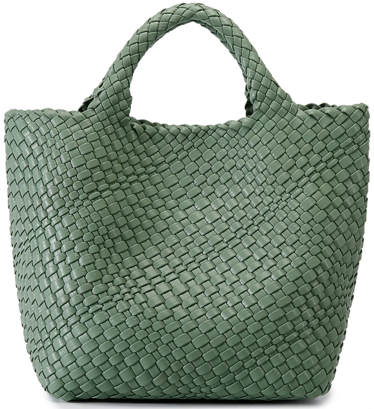 Woven Bag for Women, Vegan Leather Tote Bag Large Summer Beach Travel Handbag and Purse Retro Handmade Shoulder Bag, Bean Green