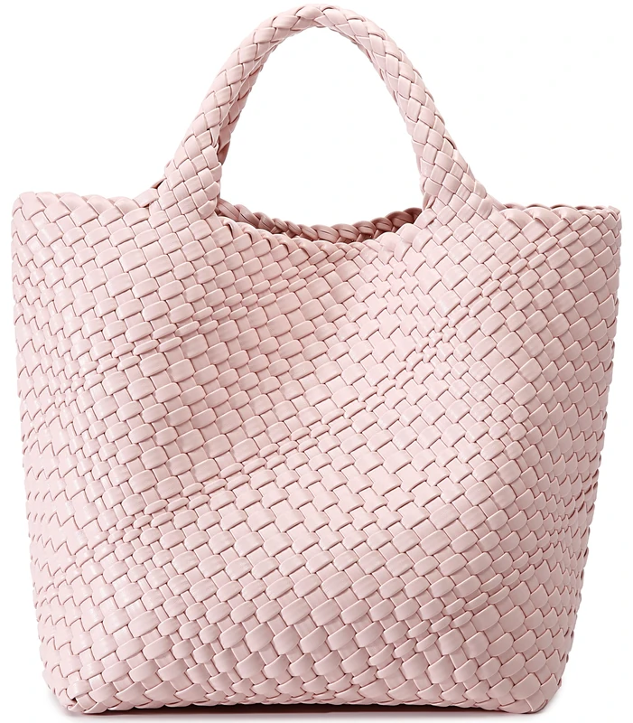 Queenoris Woven Tote Bag for Women, Light Pink, L (10.5 inches length, 7 width, 10 height), Summer Woven Beach Travel Handbag and Purse, Retro Handmade Shoulder Bag, Vegan Leather, Includes Clutch