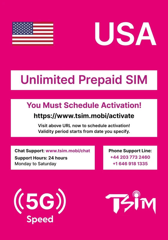 USA SIM Card for Travel to the USA. PrePaid. T-Mobile network with Unlimited Data, Calls and Texts. Upgraded 5G SIM Card! (45 Day)