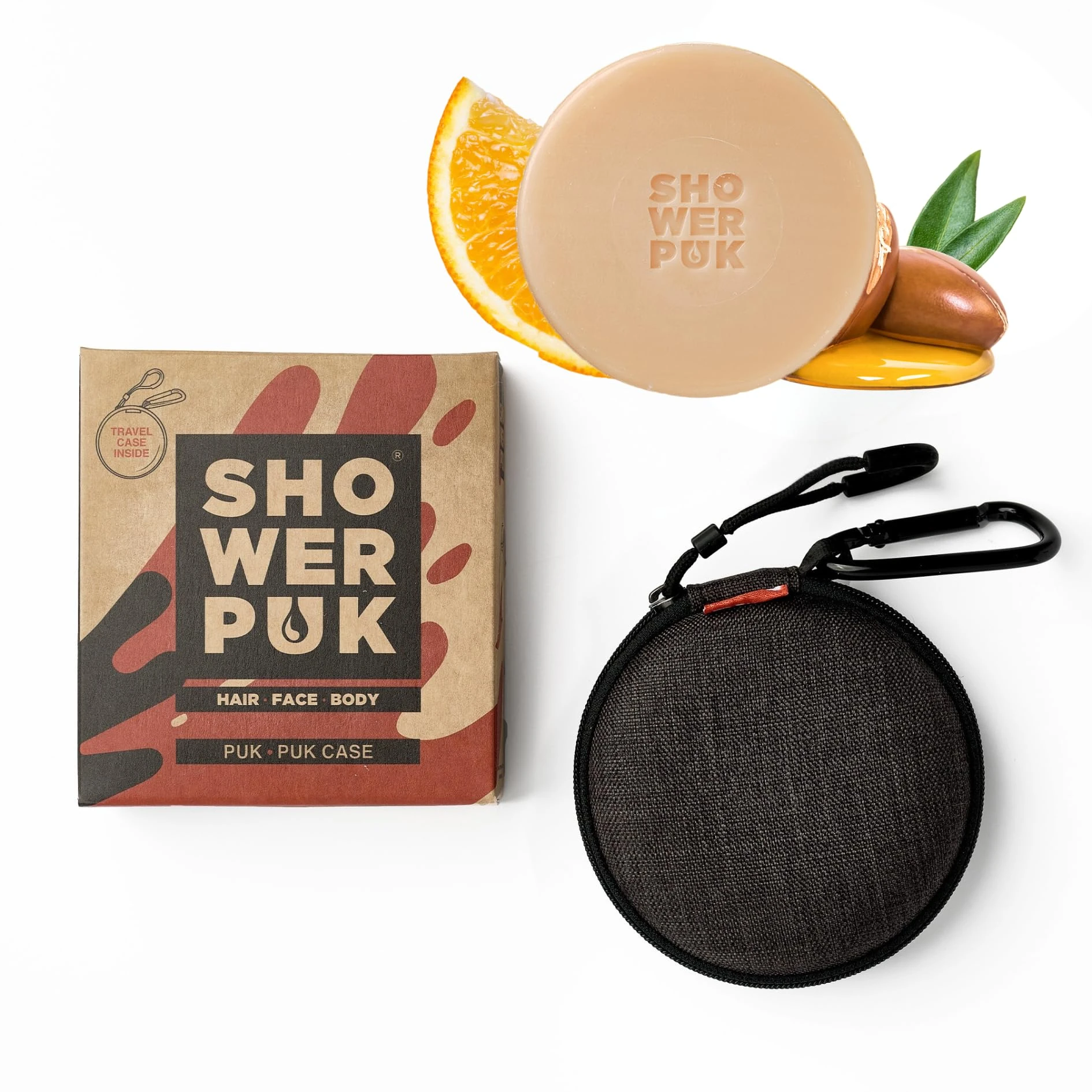 Shower PUK All-in-One Bar: Natural Shampoo, Body Wash & Face Soap with Shea Butter, Argan Oil & Long-Lasting Citrus Scent - Eco-Friendly, Plastic-Free, Vegan - Includes Travel Case