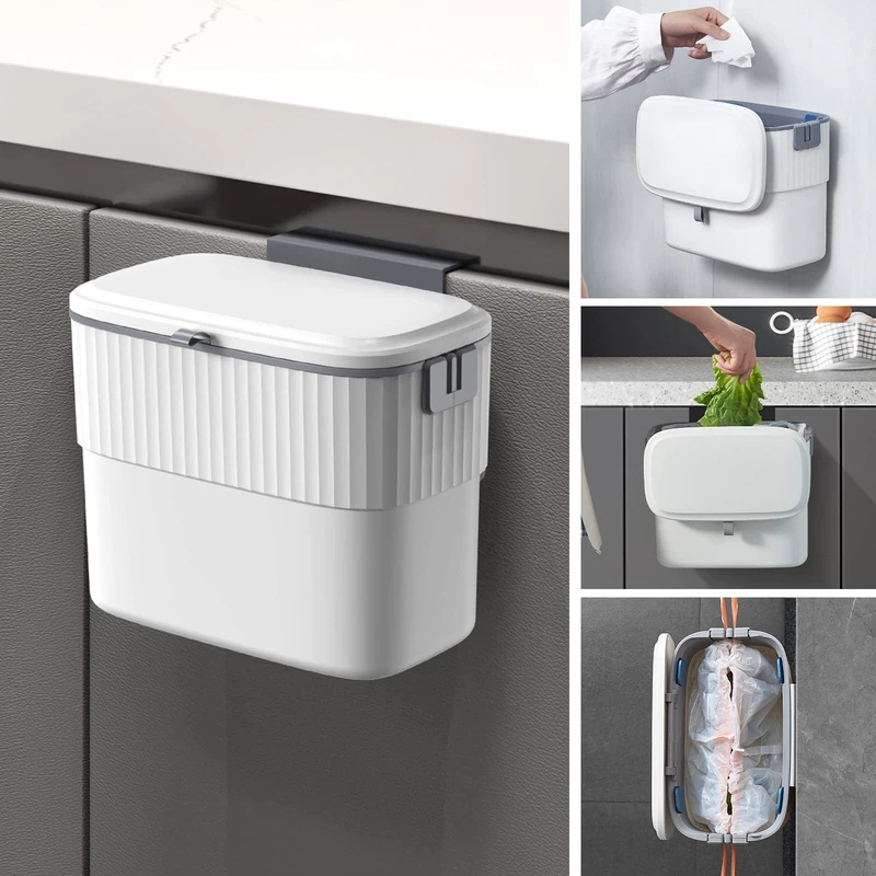 ELPHECO Hanging Small Waste Bin with Lid for Kitchen Cabinet Door, Kitchen Compost Bin for Under Sink, Plastic Wall-Mounted Waste Bin (1.8 Gallon)