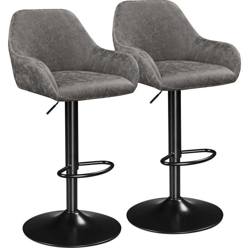 Yaheetech Bar Stools Set of 2, Height Adjustable Swivel Barstools, PU Leather Upholstered Bar Chair with Backrest, Armrests and Footrest for Home Kitchen, Grey