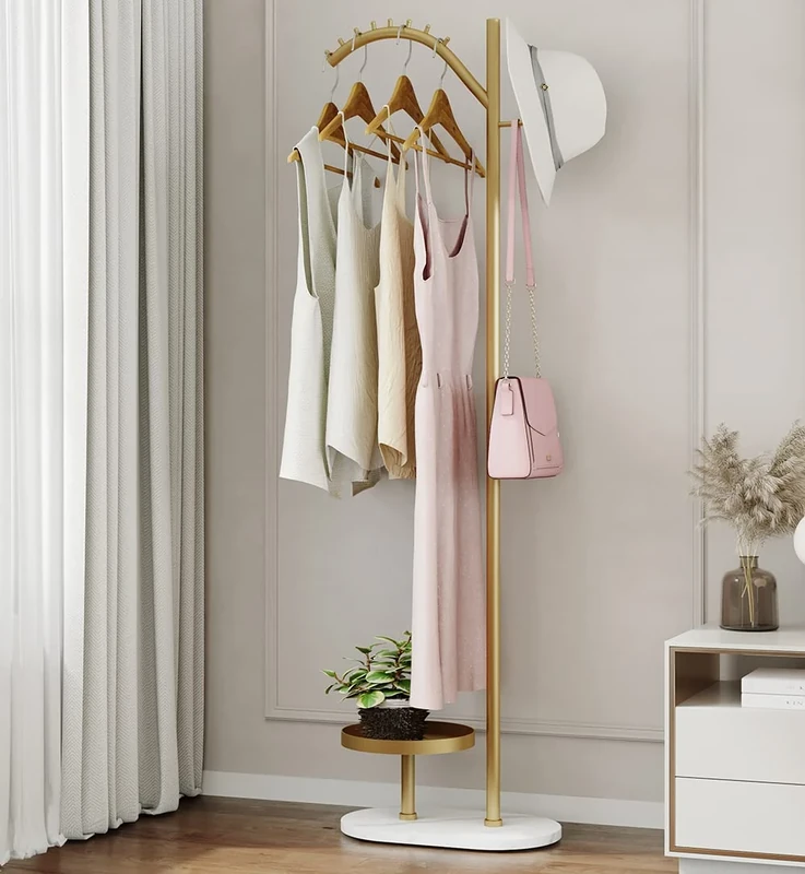 Modern Gold Clothing Garment Rack with Marble Base, Contemporary Minimalist Hanging Clothes Rack for Coats, Hats, Scarves and Handbags,Perfect for Entryway, Hallway, Bedroom and Office,Golden Finish.