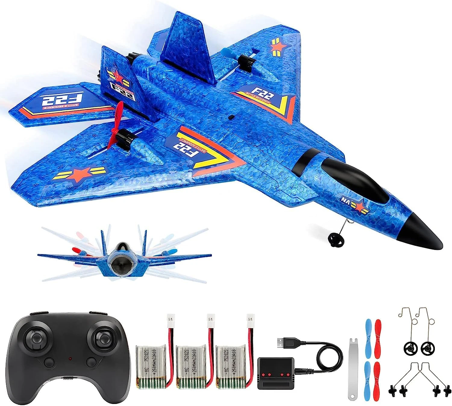 Fremego F-22 RC Plane, 2.4 GHz Remote Controlled Aeroplane Raptor Fighter Aeroplane Model Toy with 6 Axis Gyro System for Beginners Children Adults (F22Blue)