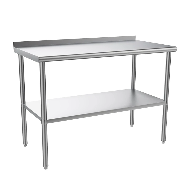 ROVSUN 120x60cm Stainless Steel Table for Prep & Work,Commercial Worktables & Workstations,Heavy Dut Metal Table with Adjustable UnderShelf & Backsplash for Kitchen, Restaurant,Home,Hotel