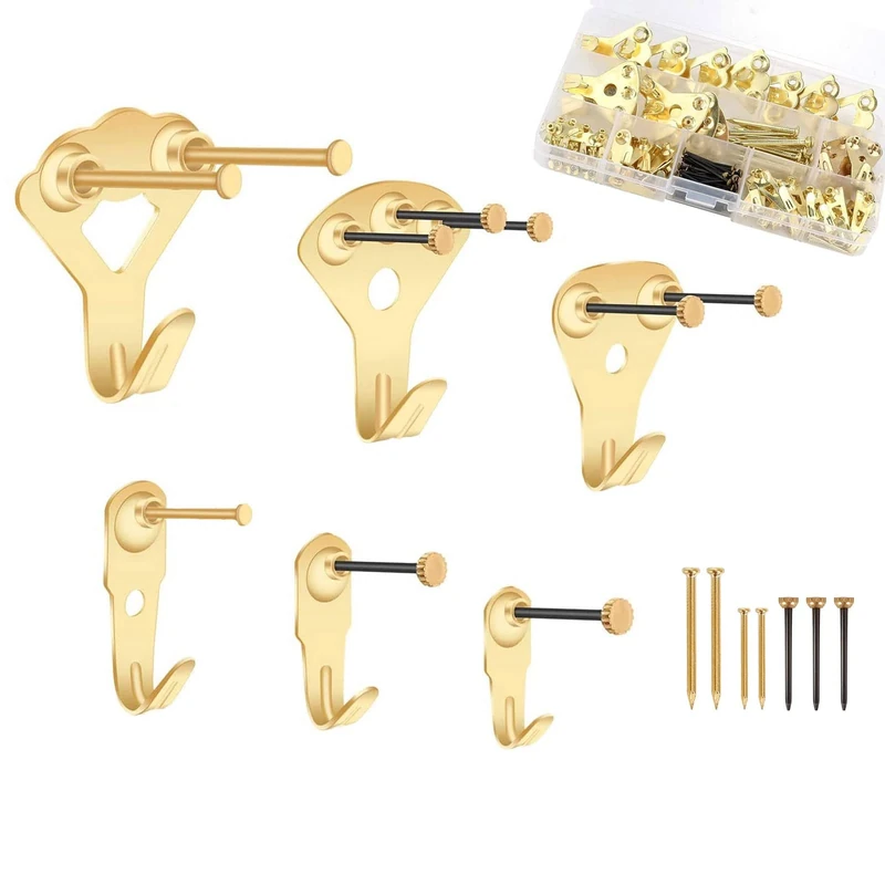 62PCS Picture Hooks for Hard Walls-Heavy Duty Picture Hanging Kit Picture Frame Hangers with Nails,Holds 10-100 lbs