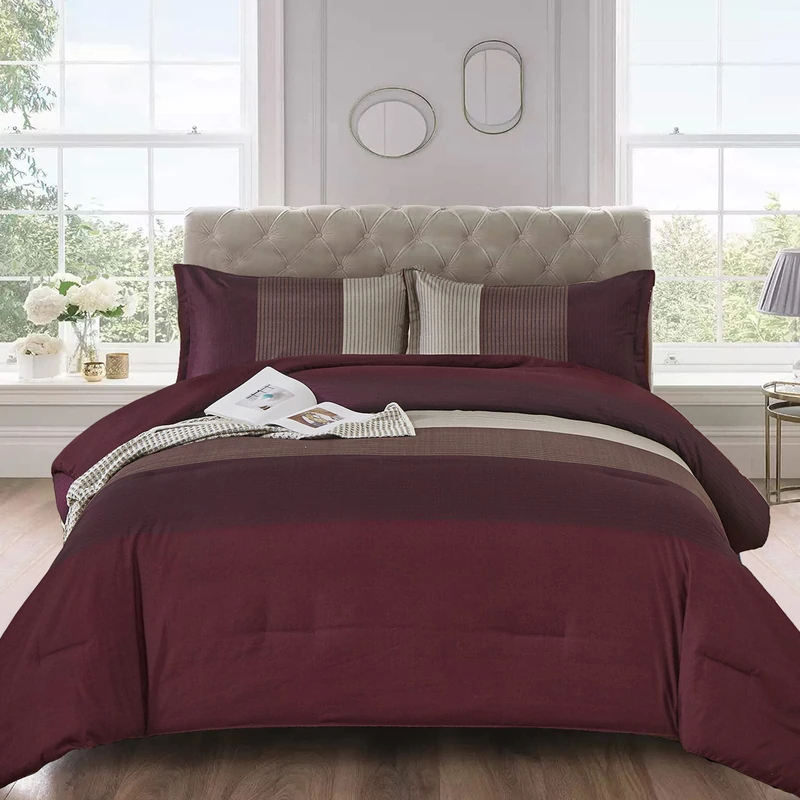 Burgundy Comforter Set Queen, Reversible Burgundy Brown Stripe Down Alternative Comforter for All Season,3 Pieces(1 Patchwork Comforter+2 Pillowcases), Soft Microfiber Bedding Duvet Set 90”×90”