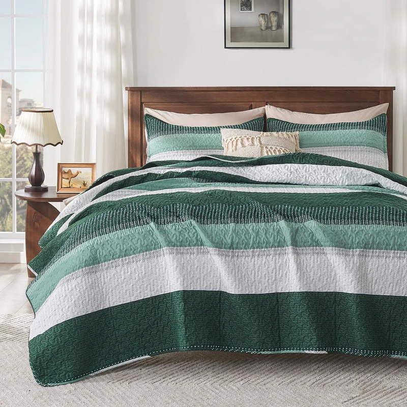 Andency Queen Quilt Set Emerald Green, 3 Pieces Striped Bedspread