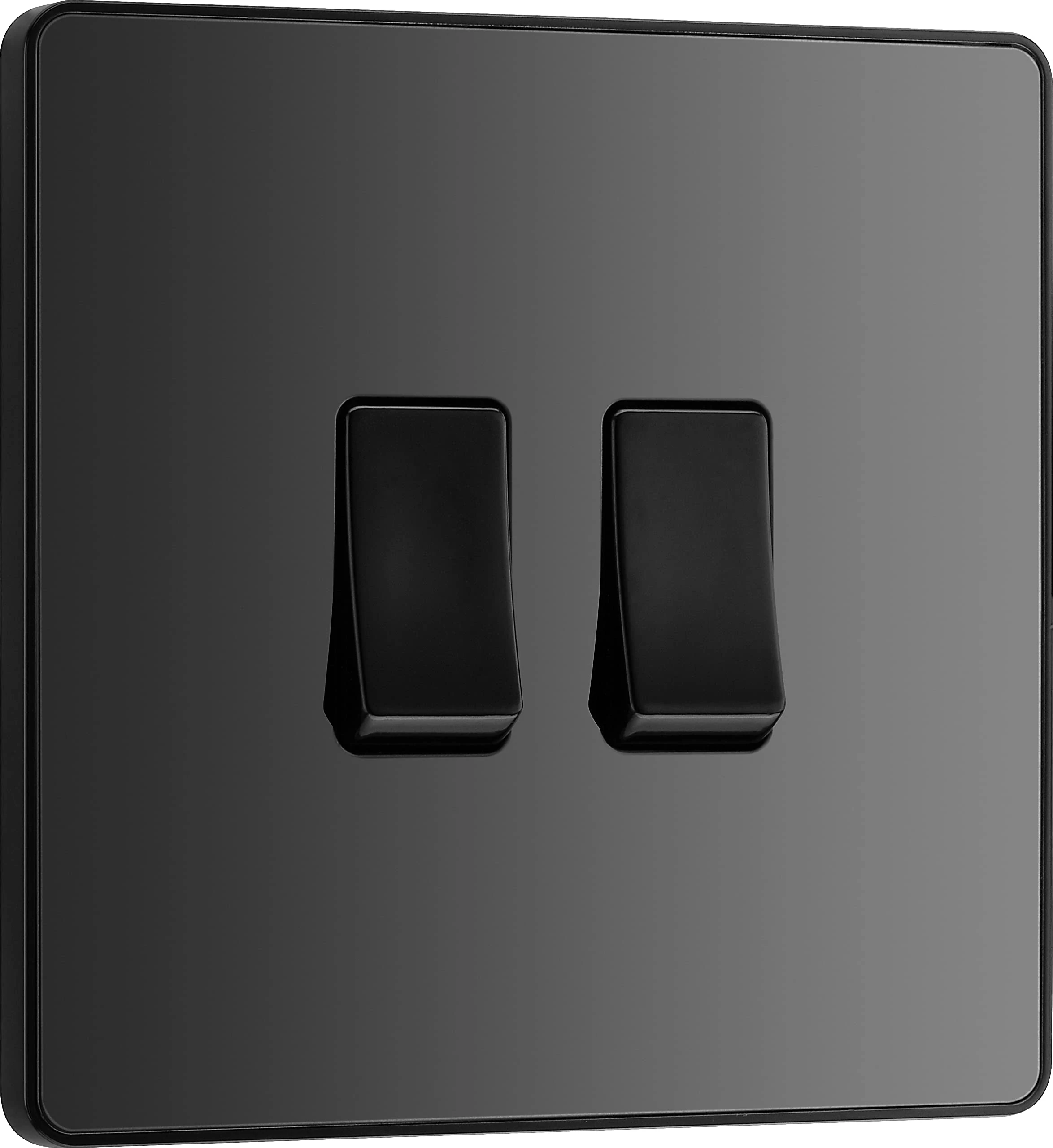 BG Electrical Double Wall Light Switch, 2 Way, Screwless Front Plate, Round Edges, Evolve, Black Chrome, 20A, 16AX, PCDBC42B