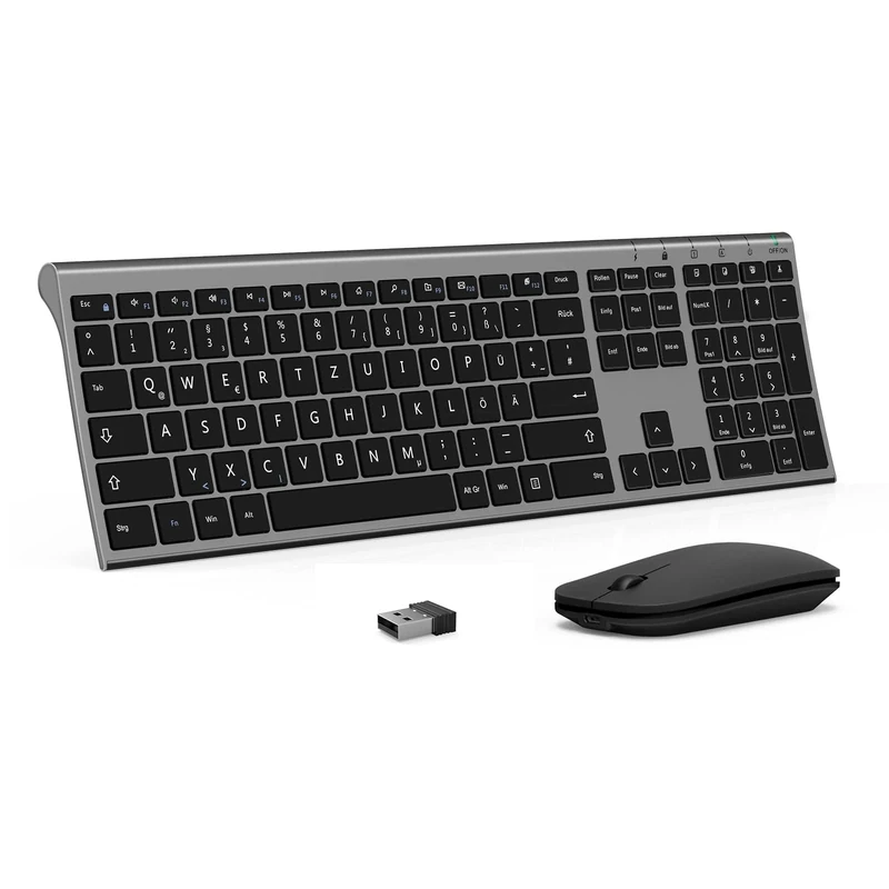 Kabelloses Tastatur Maus Set, seenda KS15F 2.4G Ultraflach Wireless Tastatur und Maus Aufladbar aus Aluminium, Deutsch QWERTZ Funktastatur Dünn für Windows/PC, Computer, Laptop, Grau und Schwarz