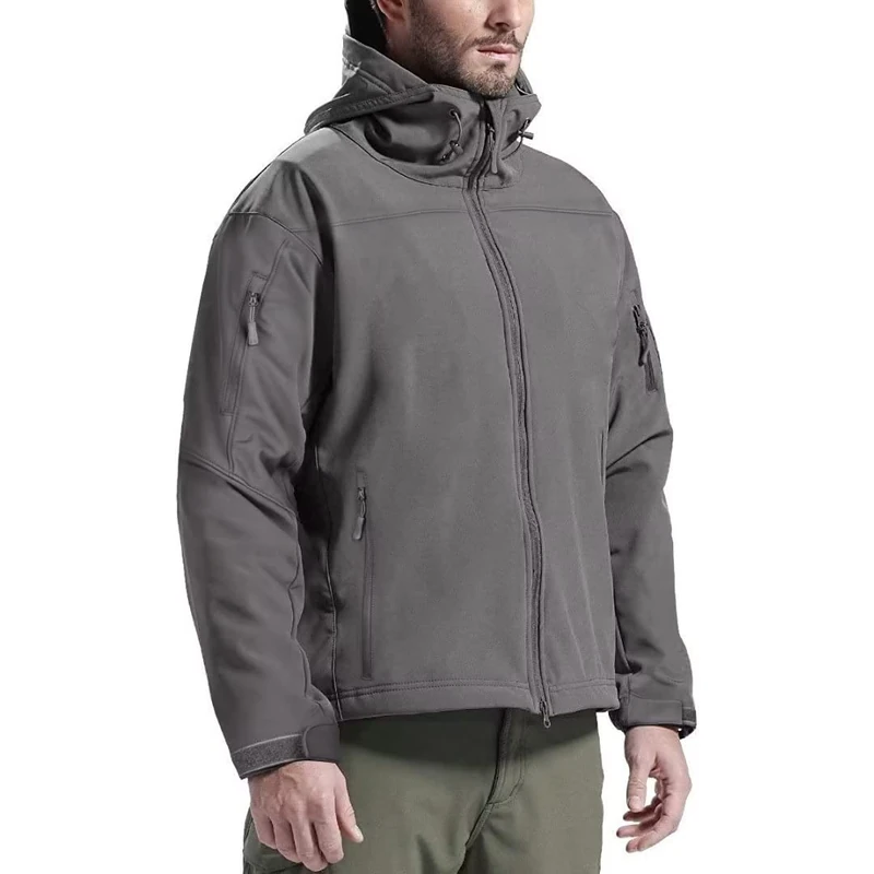 FREE SOLDIER Tactical Men's Softshell Jacket Multi Pocket Windproof Jacket Outdoor Waterproof Hooded Coat (Grey 3XL)