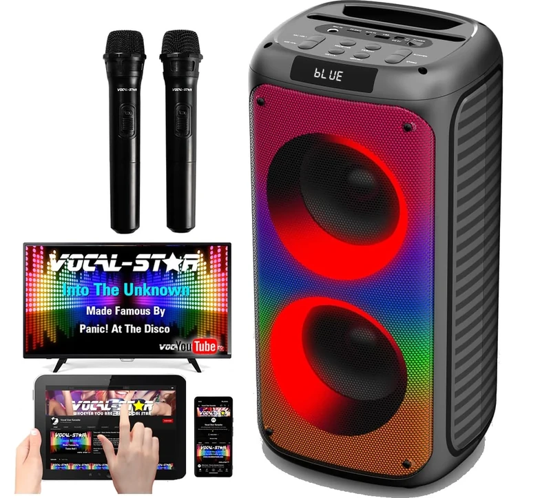 Portable Karaoke Machine With Bluetooth, 2 Wireless Microphones, 100w Speaker, 6 Dazzling LED Full Speaker Lights Effects, Records Vocals, TWS, AUX, Rechargeable