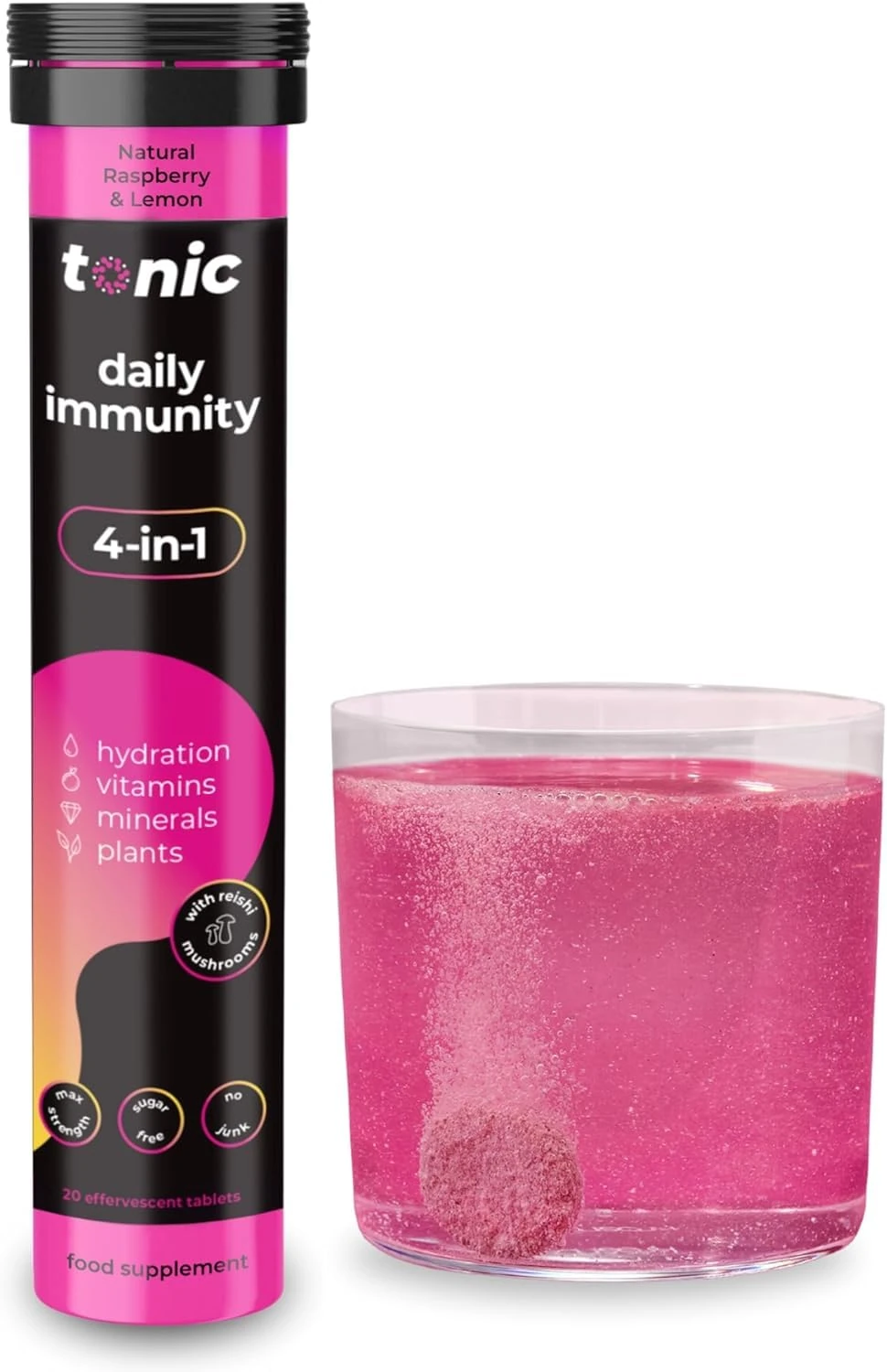 Tonic Health Daily Immunity Tablets - 4-in-1 Effervescent Multivitamins, Minerals & Phytonutrients - Vitamin D, Vitamin C and Zinc - Vegan, No Sugar- Max Strength Tablets, Raspberry & Lemon, 20 Count