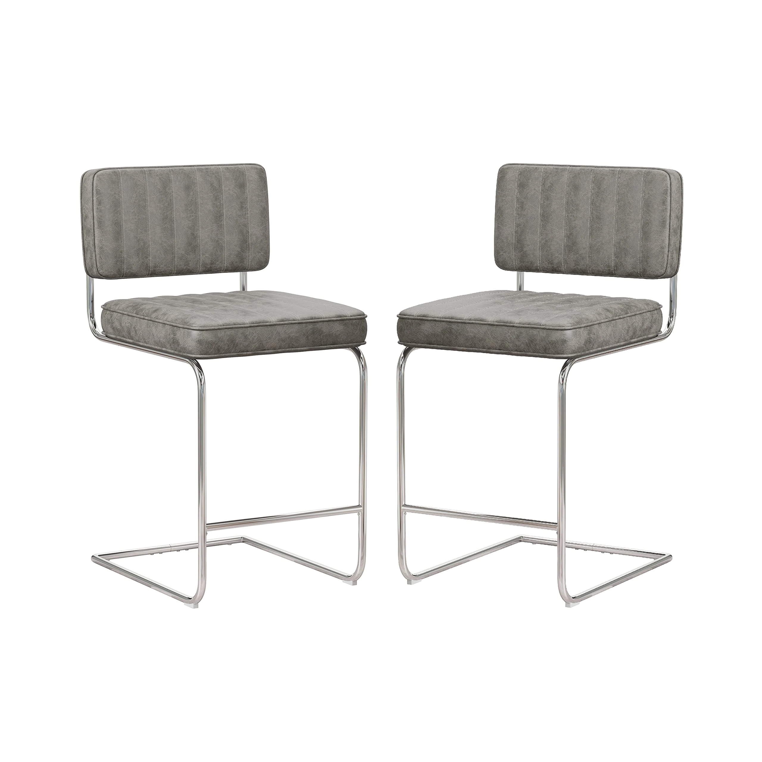 Hillsdale, Breuer Metal Counter Height Stools with Vertical Tufting, Set of 2, Gray