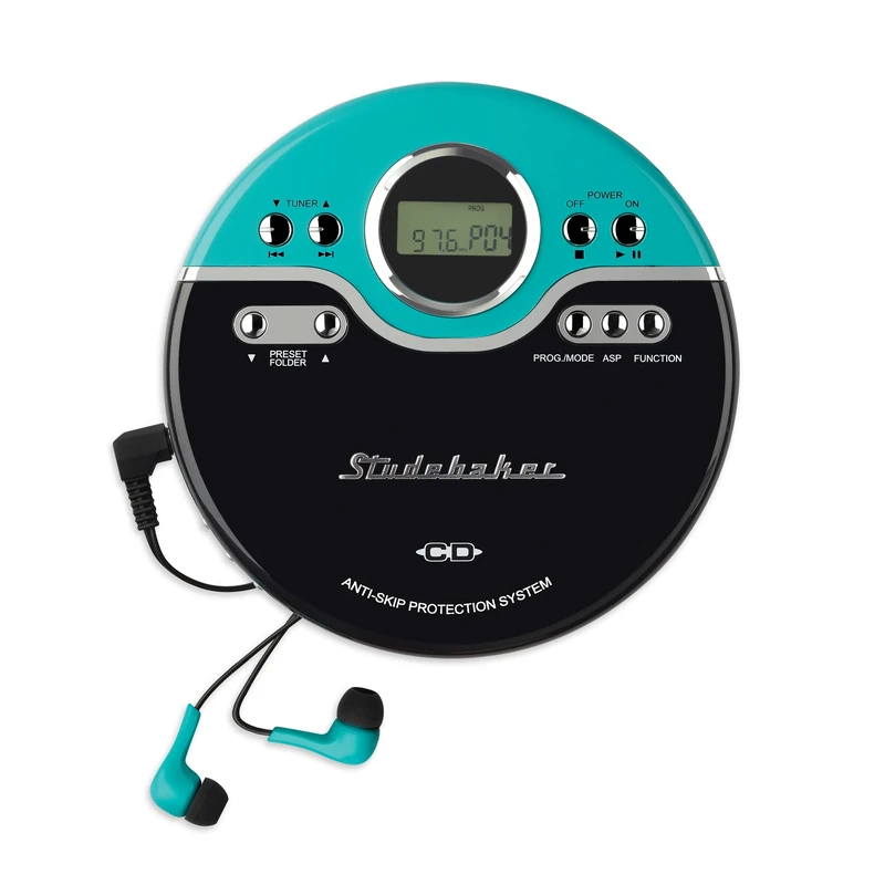 Studebaker Retro Portable CD Player | MP3 CD-R/RW Playback | Programmable Personal CD Player | Anti-Skip | FM Radio | Mega Bass Boost | Sports Headphones (Classic Turquoise)
