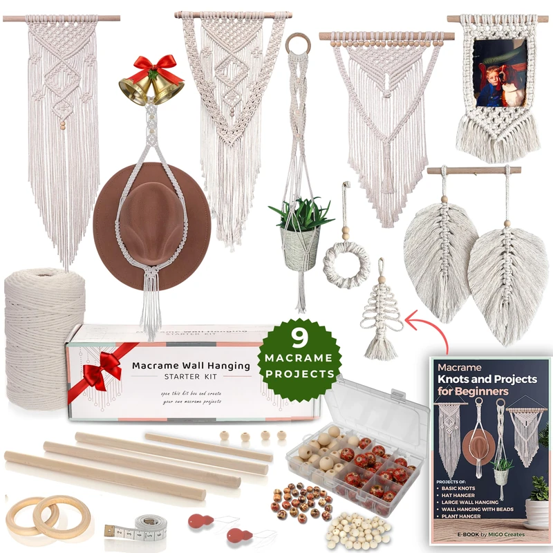 MIGO Creates Macrame Kit for Adults: DIY Macrame Wall Hanging & Hat Hanger Kit with 220 Yards Cord, 58 Pieces Supplies, E-Book for 3 Projects & Knots - Image 1