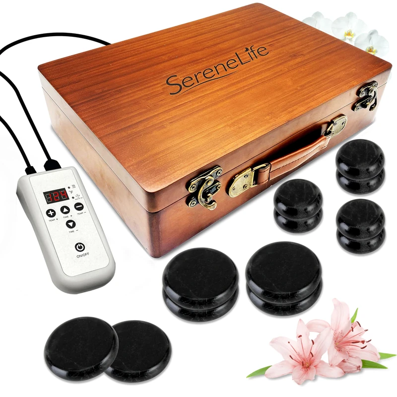 SereneLife Hot Stone Massage Set – 12-Piece Basalt Stone Kit with Digital Heater in Bamboo Case, Spa-Grade Massage Stones for Back & Neck Pain Relief, Professional Home Therapy Use