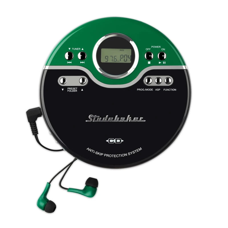 Studebaker Green Retro Portable CD Player CD-R/RW MP3 Playback Programmable Personal CD Player Anti-Skip FM Radio Mega Bass Boost Sport Earbuds (Vintage Green)