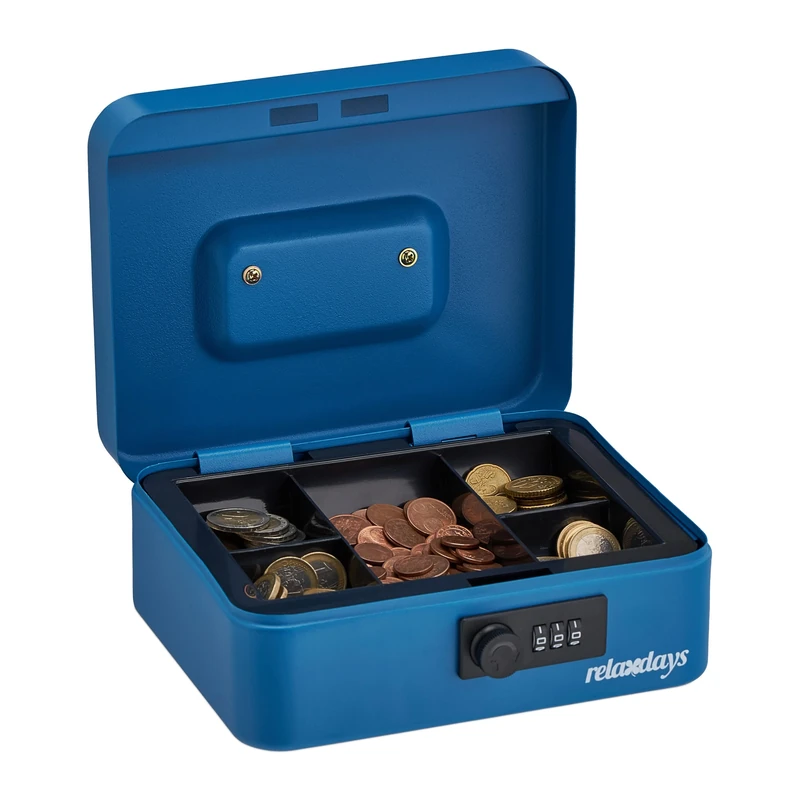 Relaxdays Cash Box, Coin Counter Tray Combination Lock Steel Portable Change & Notes, H x W x D: 8.5 x 20 x 17 cm, Blue, 8,5 x 20 x 17 cm
