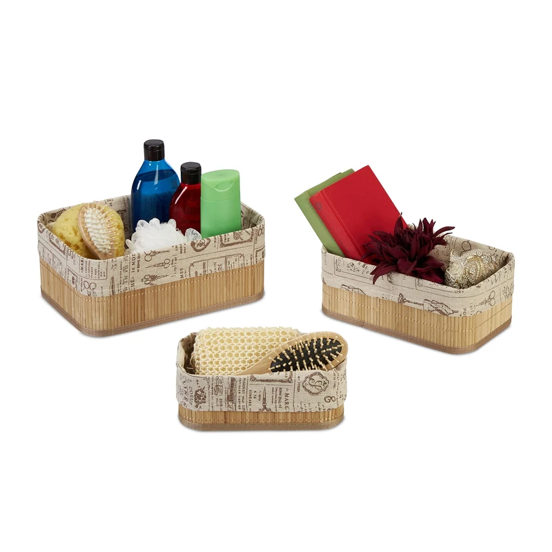 Relaxdays Set of 3 Storage Baskets, Bamboo with Fabric Lining, 3 Sizes, Shelf Tidy, Bathroom, Vintage, Natural/Beige