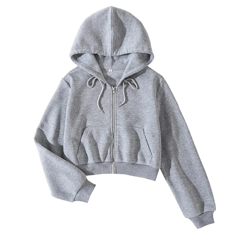 LOFAAC Women Fleece Full Zip Up Cropped Hoodie Sweatshirt 90s Long Sleeve Drawstring Hooded Crop Jacket Top with Pockets, Light Grey, S - Image 1