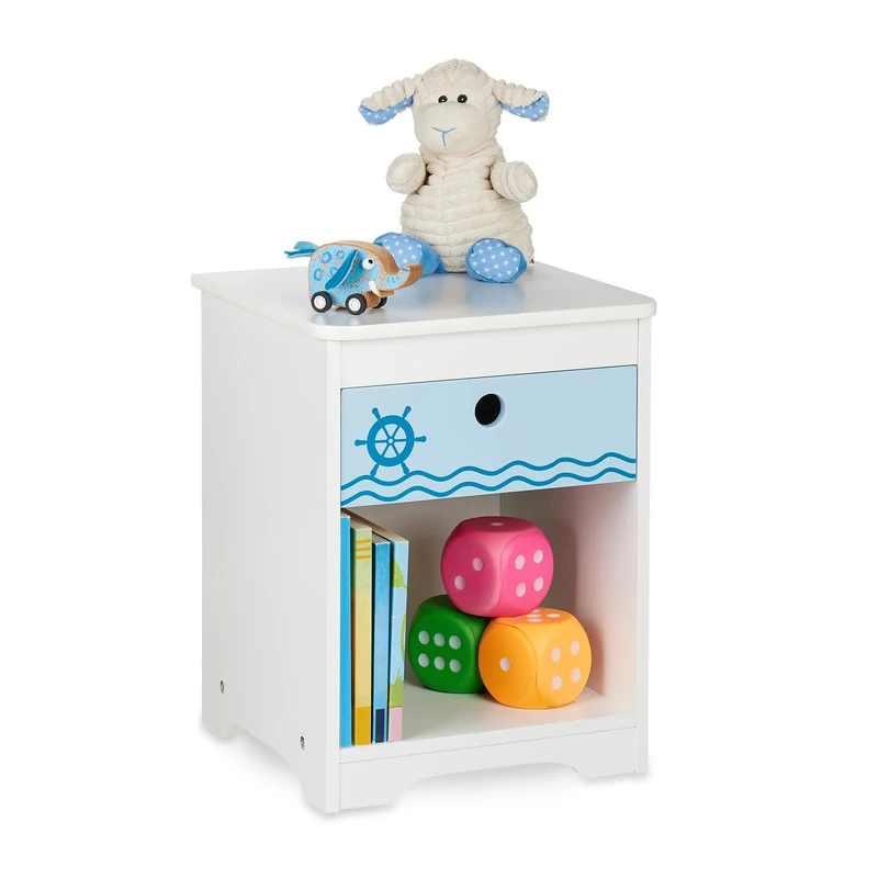 Relaxdays Children's Bedside Table, Cute Sailor Design, Drawer & Storage Compartment, HWD: 41 x 32 x 31 cm, White/Blue, Fibreboard