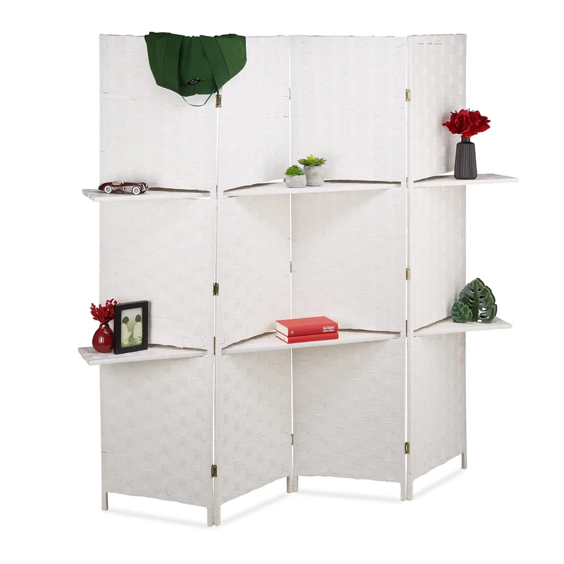Relaxdays Folding Screen, 4-Panel, 2 Shelves, Room Divider, H x W: 180 x 180 cm, Partition Wall, Wood, Paper, White, 70% 30%