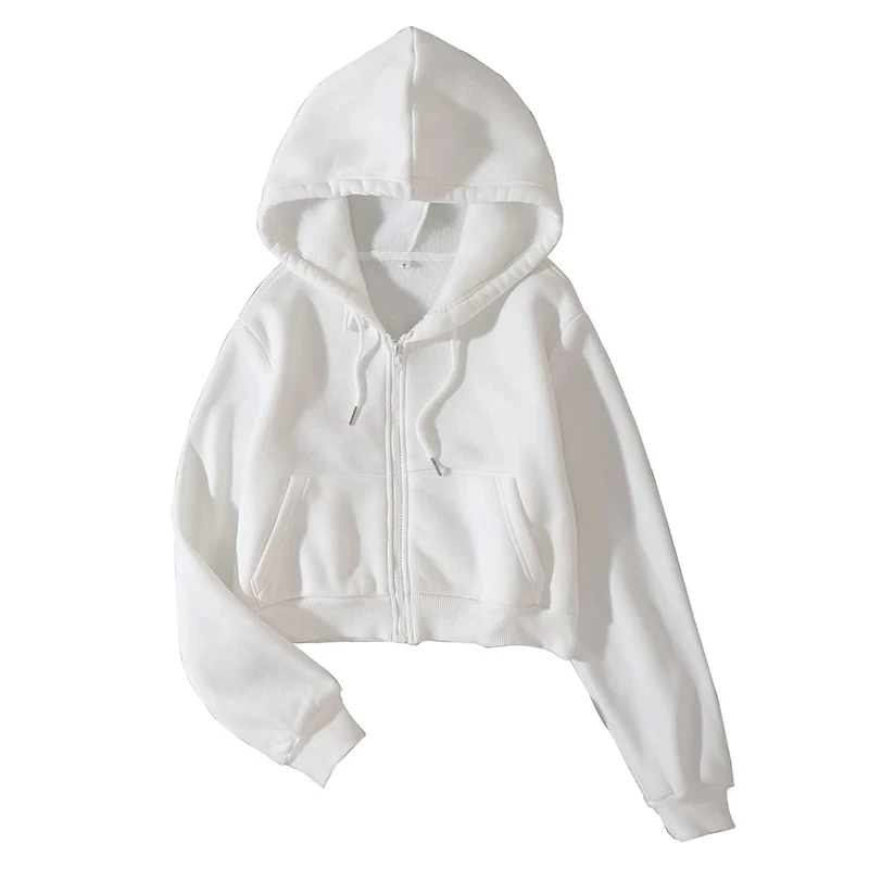 LOFAAC Women Fleece Full Zip Up Cropped Hoodie Sweatshirt 90s Long Sleeve Drawstring Hooded Crop Jacket Top with Pockets, White, S