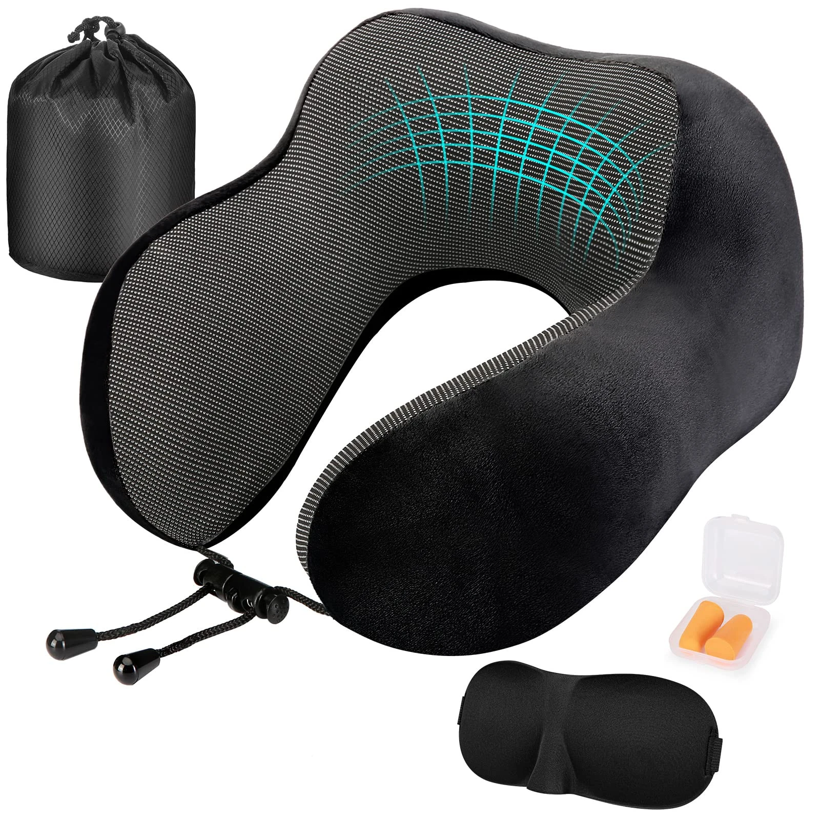 Eono Neck Pillow Memory Foam, Travel Pillow for Neck, Comfortable Neck and Head Support Pillow for Plane Cars Trains Office, Soft Flight Travel Cushion for Sleeping