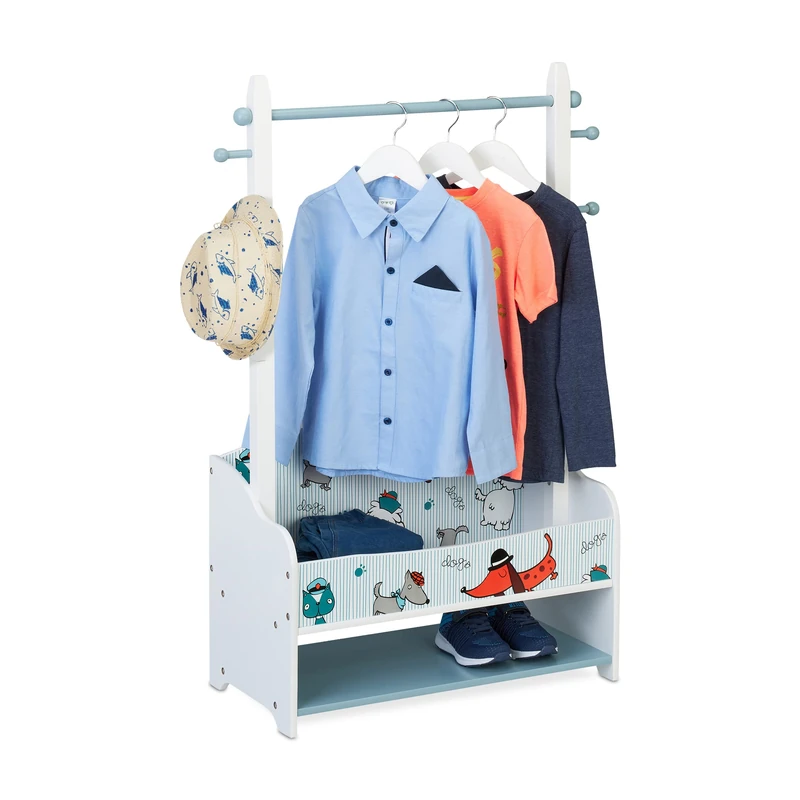 Relaxdays Clothes Rack for Children, Wardrobe HWD: 101 x 71 x 30 cm, 4 Hooks, 2 Shelves, with Shoe Shelf, Colourful Dogs