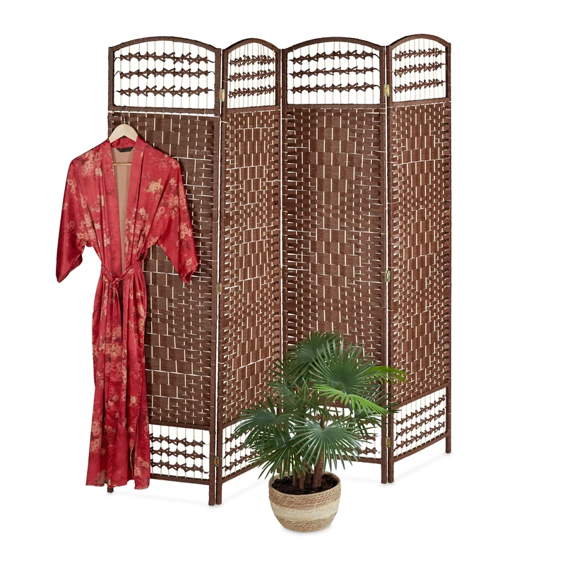 Relaxdays Folding Screen, 4-Panel, Room Divider, H x W: 180 x 180 cm, Partition Wall for Indoors, Bamboo, Paper, Brown, 60% 30% Wood 10%