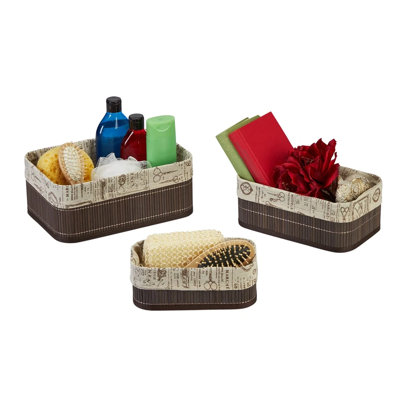 Relaxdays Set of 3 Storage Baskets, Bamboo with Fabric Lining, 3 Sizes, Shelf Tidy, Bathroom, Brown/Beige