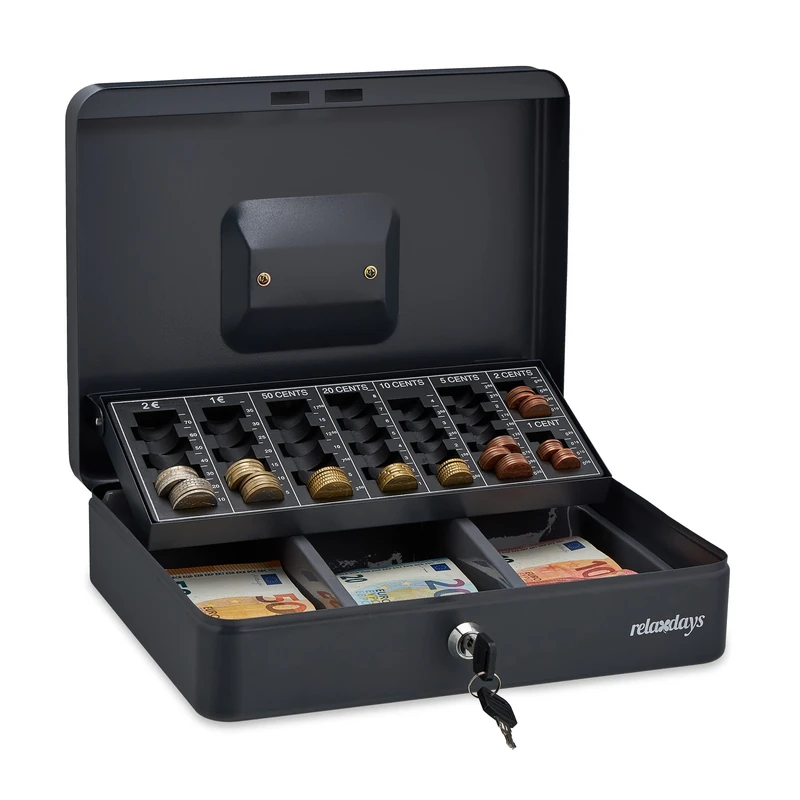 Relaxdays Cash Box, Coin Counter Tray Lockable Steel Portable Change & Notes, H x W x D: 9 x 30.5 x 23.5 cm, Grey