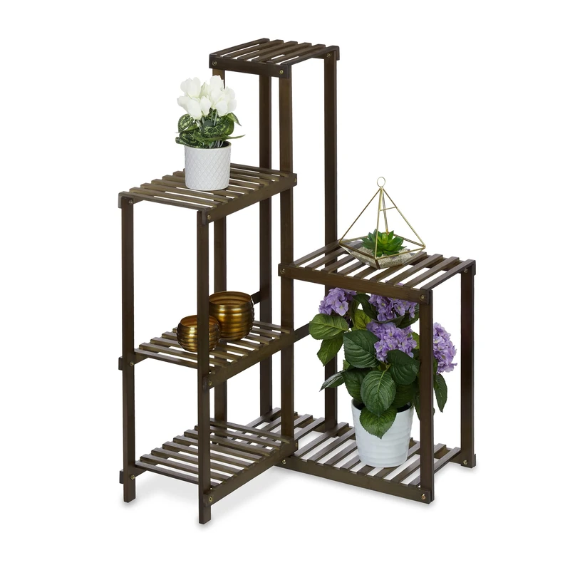 Relaxdays Plant Stand, 6 Shelves, Wheels, Flower Rack, Corner, H x W x D: 101 x 62 x 62 cm, Bamboo, Dark Brown