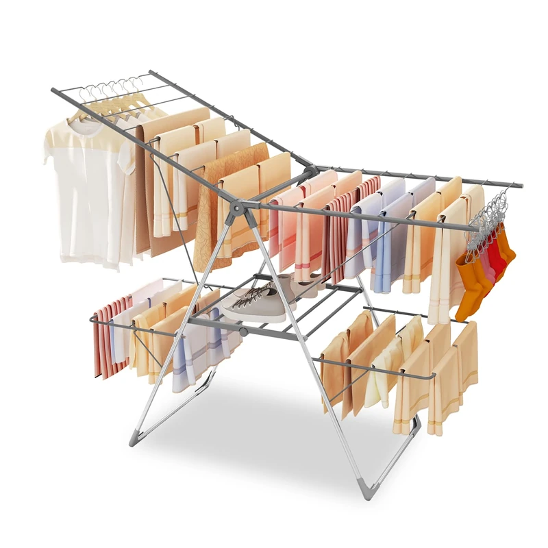 Bigzzia Clothes Drying Rack Foldable, 2-Level Large Laundry Drying Rack Collapsible, Stainless Steel Drying Rack Clothing for Indoor Outdoor, Easy to Fold, 33 Drying Rails, 56.1" L × 22.7" W, Gray