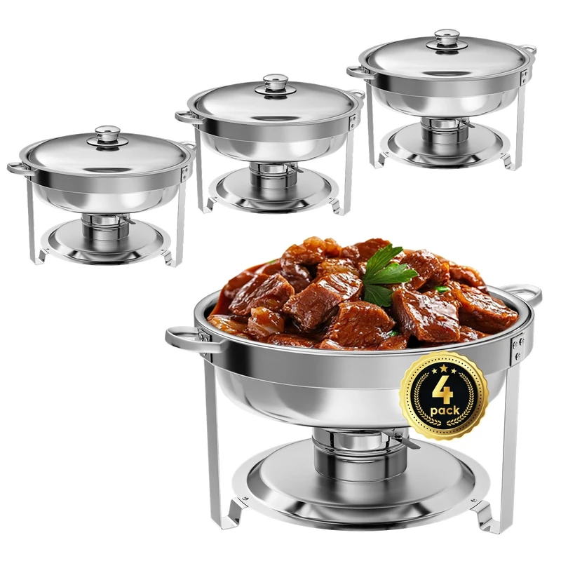 IMACONE Chafing Dish Buffet Set 4 Pack, 5QT Round Stainless Steel Chafer for Catering, Upgraded Chafers and Buffet Warmer Sets with Food & Water Pan, Lid, Frame, Fuel Holder for Event Party Holiday