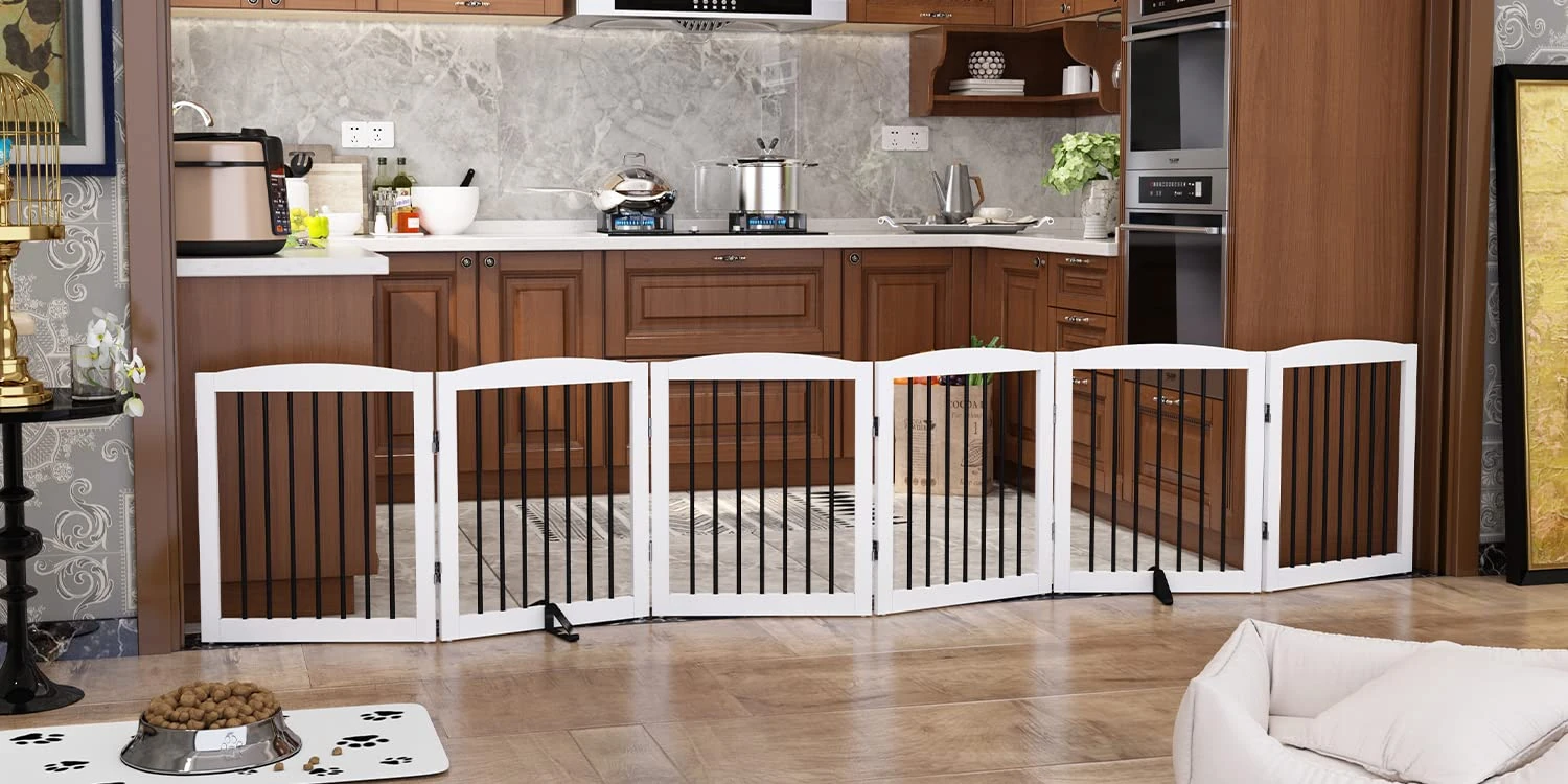 PUPETPO Freestanding Pet Gate for Dogs, Foldable Wooden Dog Gate for House, Extra Wide Indoor Pet Barrier for Stair, Doorway, Hall, Support Feet Included, 120 Inch Wide, 6 Panels 24", White